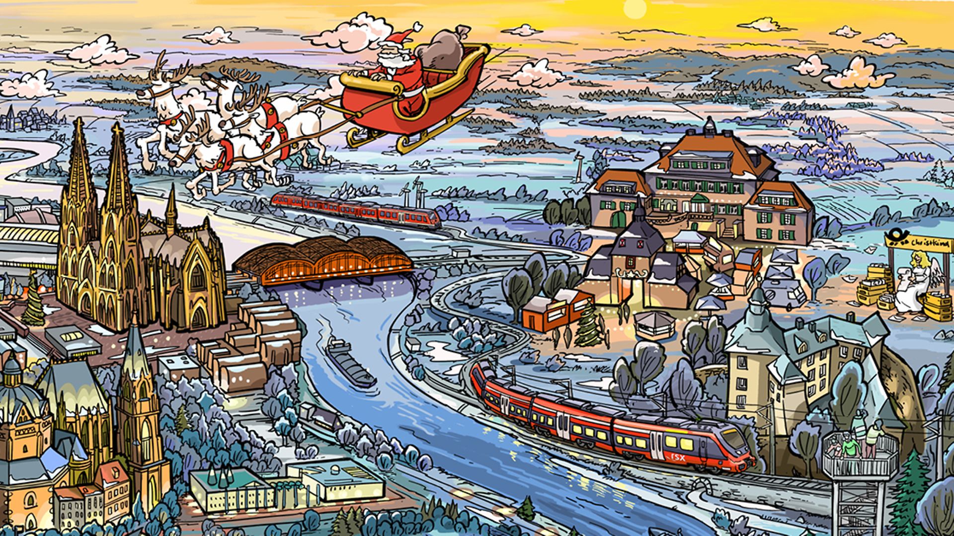 illustriertes Bild mit Weihnachtsmann in fliegender Kutsche vor der Region Köln und Bonn
